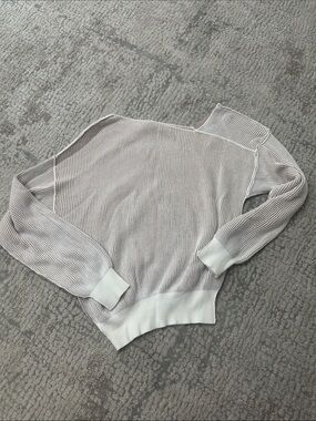 Line & Dot Off-the-Shoulder Ribbed Sweater in Light Taupe and White